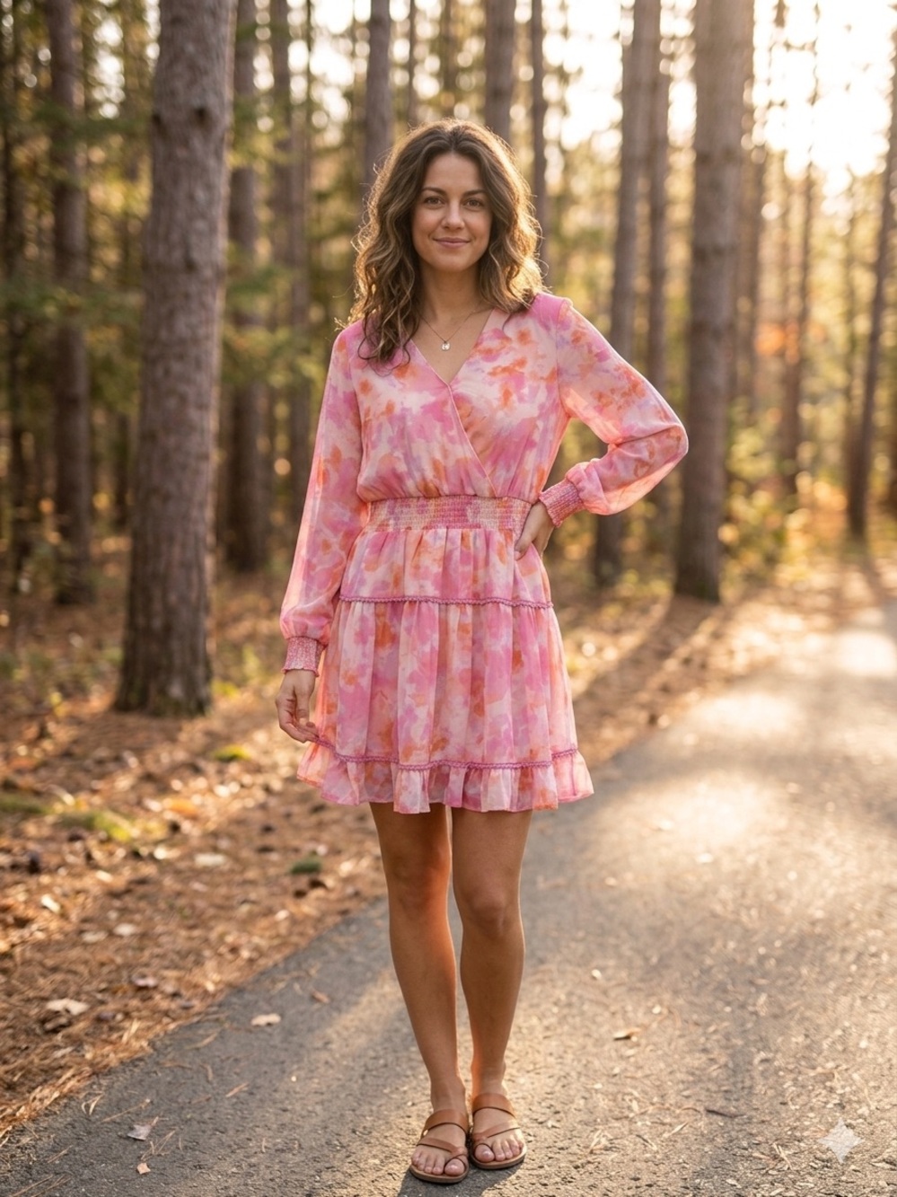 Pink Pastel Tiered V-Neck Long-Sleeve Dress